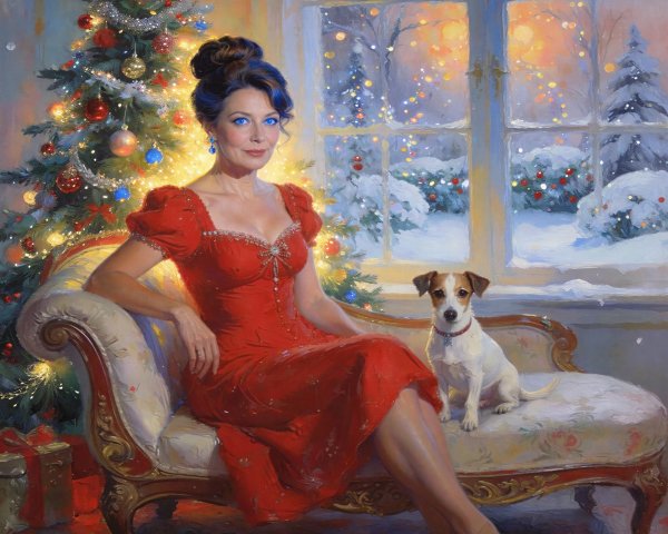 Elegant Woman in Red Gown by Christmas Tree