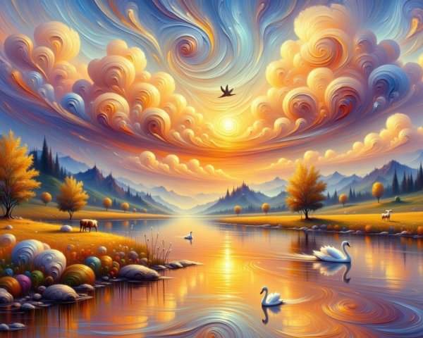 Serene River Landscape at Sunset with Swans and Mountains