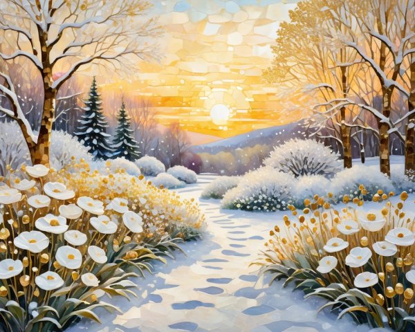 Serene winter landscape with snow-covered path and flowers