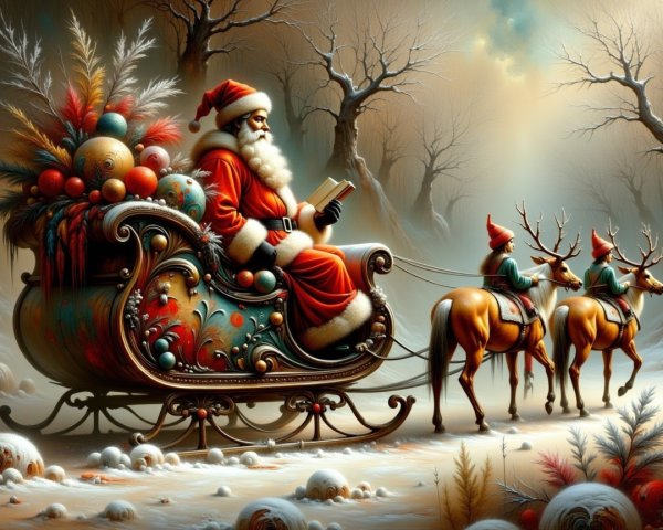Santa Claus in a decorated sleigh reading a book
