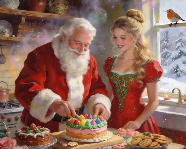 Santa Claus and Woman in Rustic Christmas Kitchen