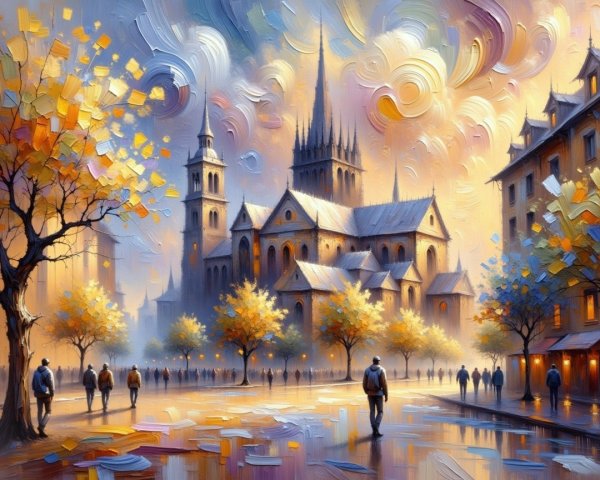 Impressionistic Autumn Scene with Cathedral and Trees