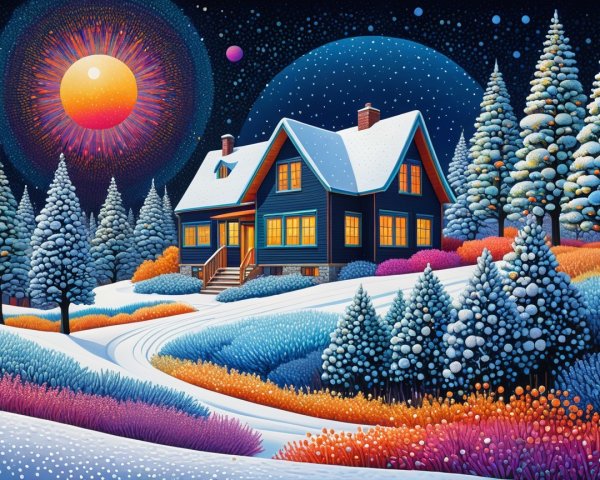 Cozy Blue House in a Whimsical Winter Landscape