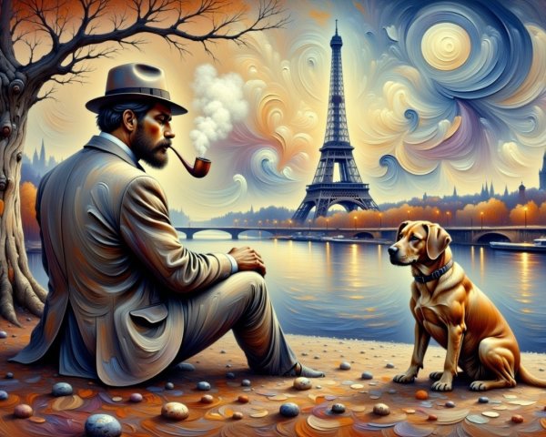 Man in Suit by Riverbank with Dog and Eiffel Tower