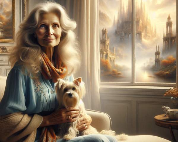 Elderly Woman with Dog in Dreamlike Landscape Setting