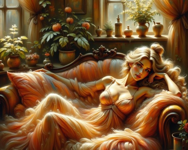 A woman in a peach slip dress lounges on an orange sofa