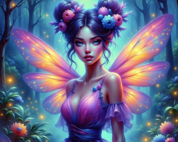 Fairy with Iridescent Wings in Enchanted Forest