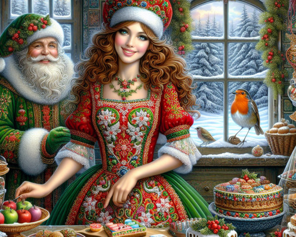 Festive Kitchen Scene with Holiday Treats and Santa