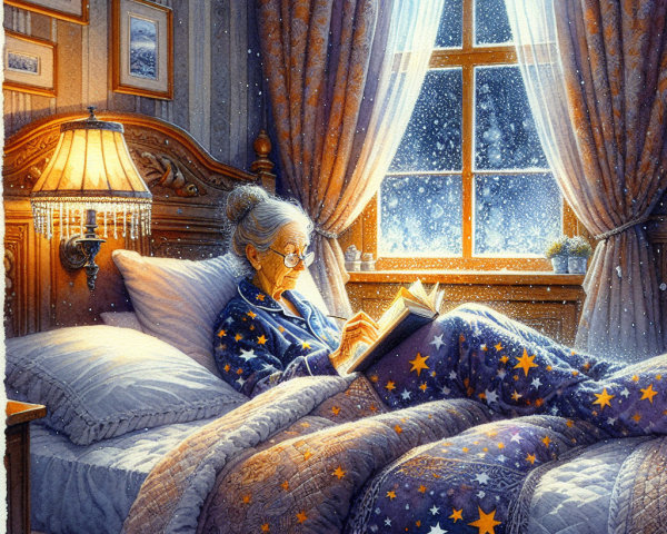 Elderly Woman Reading in Cozy Bedroom Setting