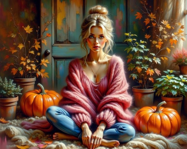 Serene Young Woman in Cozy Autumn Setting