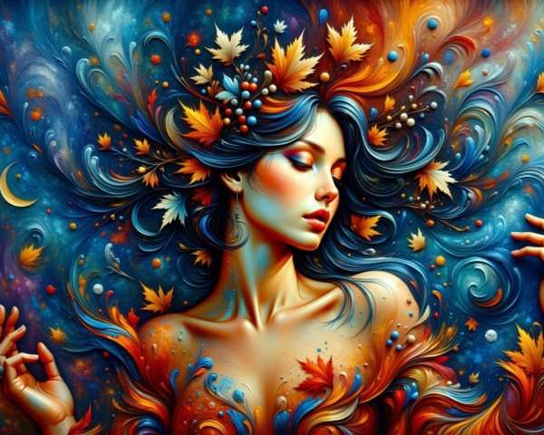 Ethereal Woman with Autumn Colors in Galaxy Background