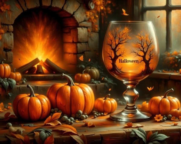Cozy Autumn Scene with Halloween-Themed Glass and Pumpkins