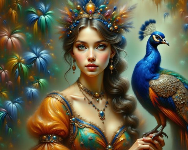 Portrait of a Young Woman in Ornate Gown with Peacock