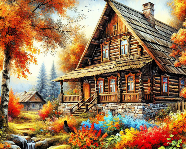 Wooden cabin in autumn foliage with flowing stream