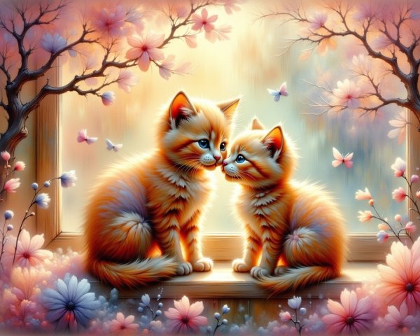 Orange Kittens in a Dreamy Cherry Blossom Garden