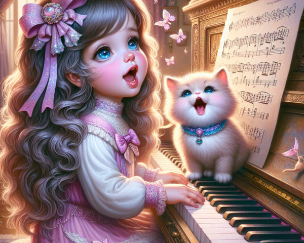 Young girl singing at piano with kitten and butterflies