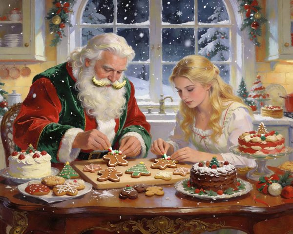Santa Claus and Woman Decorating Christmas Treats in Kitchen