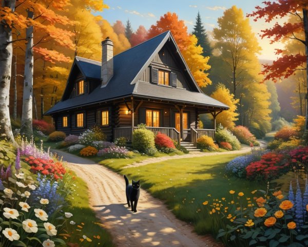 Charming Cabin in Vibrant Autumn Foliage Setting