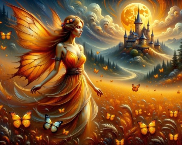 Fairy with Orange Wings Dances in Enchanted Landscape