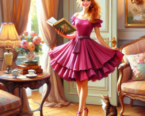 Young woman in pink dress in cozy decorated room