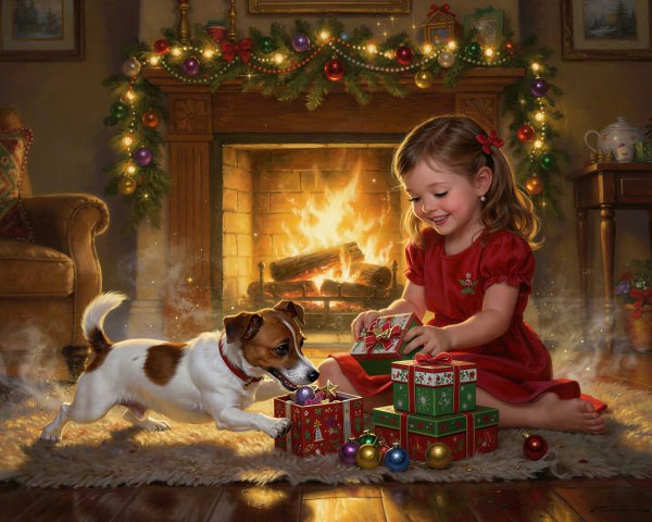 A girl in a red dress opening Christmas presents indoors