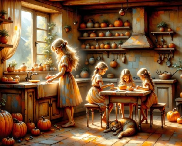 Blonde Woman Washing Dishes in Rustic Kitchen Scene