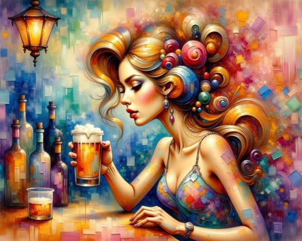 Vibrant Portrait of Woman at Bar with Beer