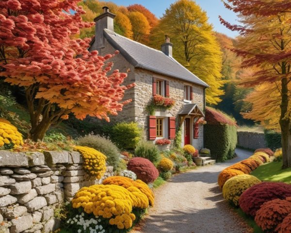 Stone Cottage in Vibrant Autumn Landscape with Flowers