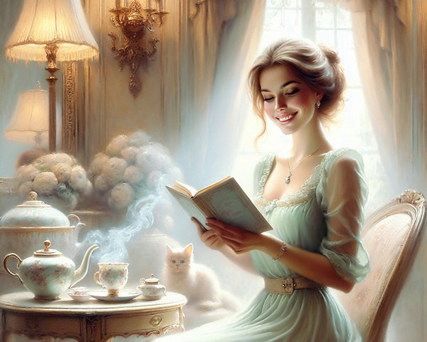 Elegant Woman in Blue Dress Reading by Window