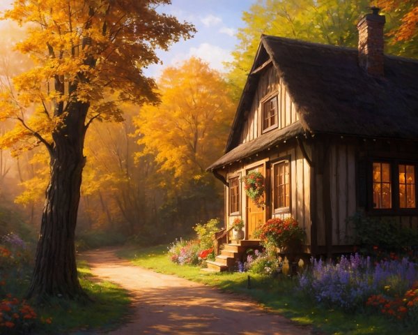 Wooden Cottage Surrounded by Autumn Foliage