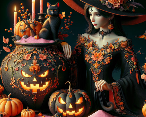 Mystical Witch with Cauldron and Halloween Decor