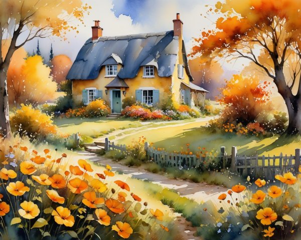 Charming Cottage in Vibrant Autumn Landscape