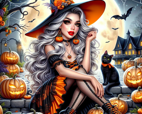 Mystical Witch in Pumpkin Patch at Night
