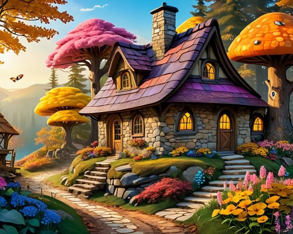 Whimsical Cottage in a Colorful Landscape at Sunset