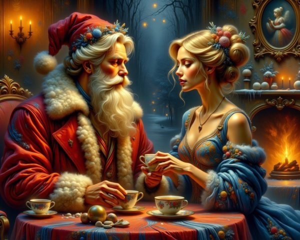 Romantic Winter Scene with Santa Claus and Woman