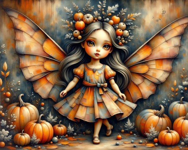 Whimsical Fairy Girl in Colorful Autumn Harvest Scene