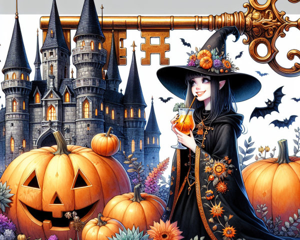 Whimsical Halloween Scene with Young Witch and Castle