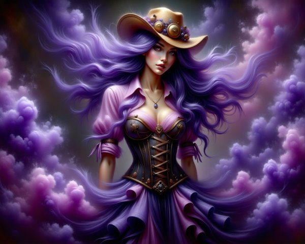 Fantasy Character with Purple Hair and Stylish Outfit