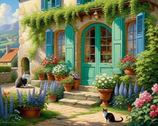 Charming cottage in a vibrant flower garden