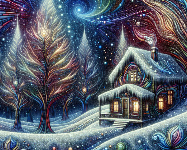 Whimsical Winter Scene with Cozy Cottage and Colorful Trees