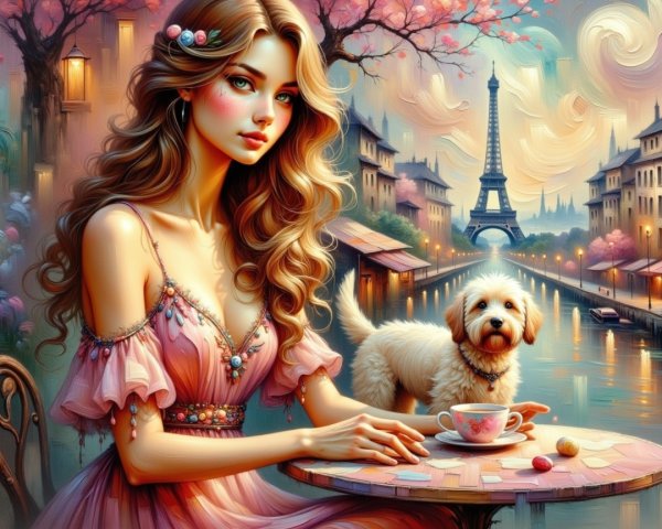 Young woman in embroidered dress at café with Eiffel Tower
