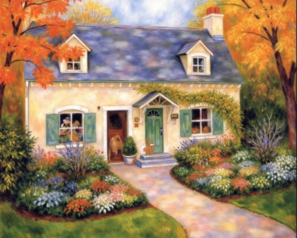 Charming Cottage in Vibrant Autumn Landscape