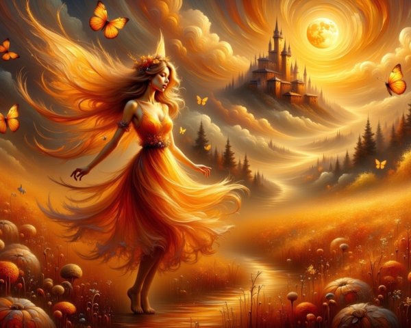 Mystical Dance of a Woman in an Orange Dress