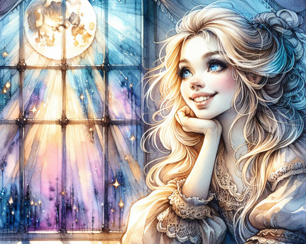 Dreamy Illustration of Woman by Moonlit Window