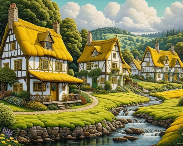 Charming Thatched-Roof Cottages in Lush Countryside