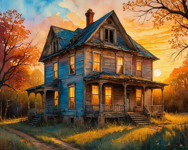 Weathered Victorian House in Autumn Landscape