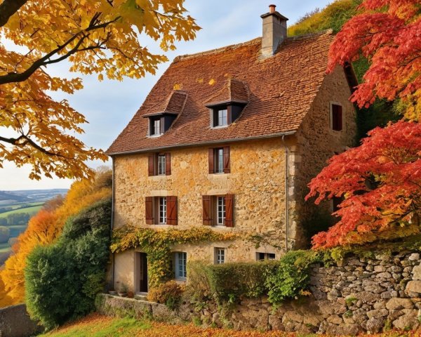Stone Cottage Surrounded by Autumn Foliage and Hills