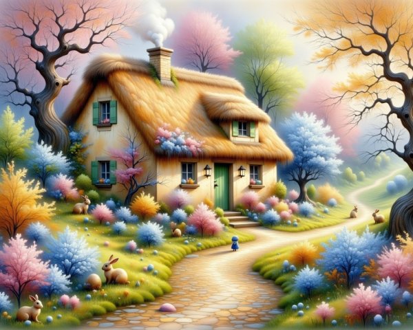 Whimsical Cottage in a Vibrant Fairy-Tale Landscape