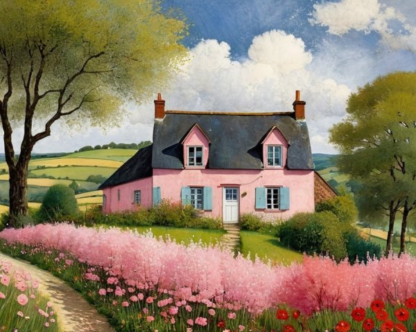 Charming Pink Cottage in a Vibrant Countryside Setting