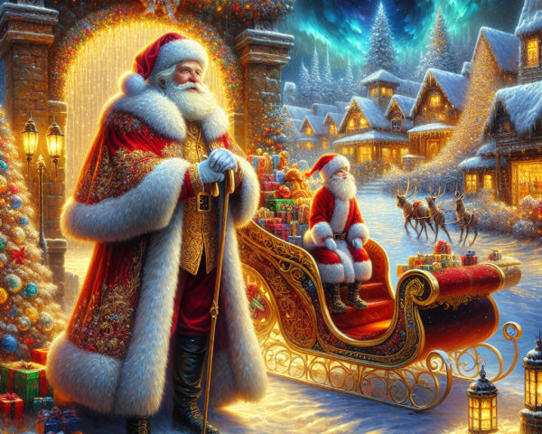 Magical Winter Scene with Santas in Snowy Village